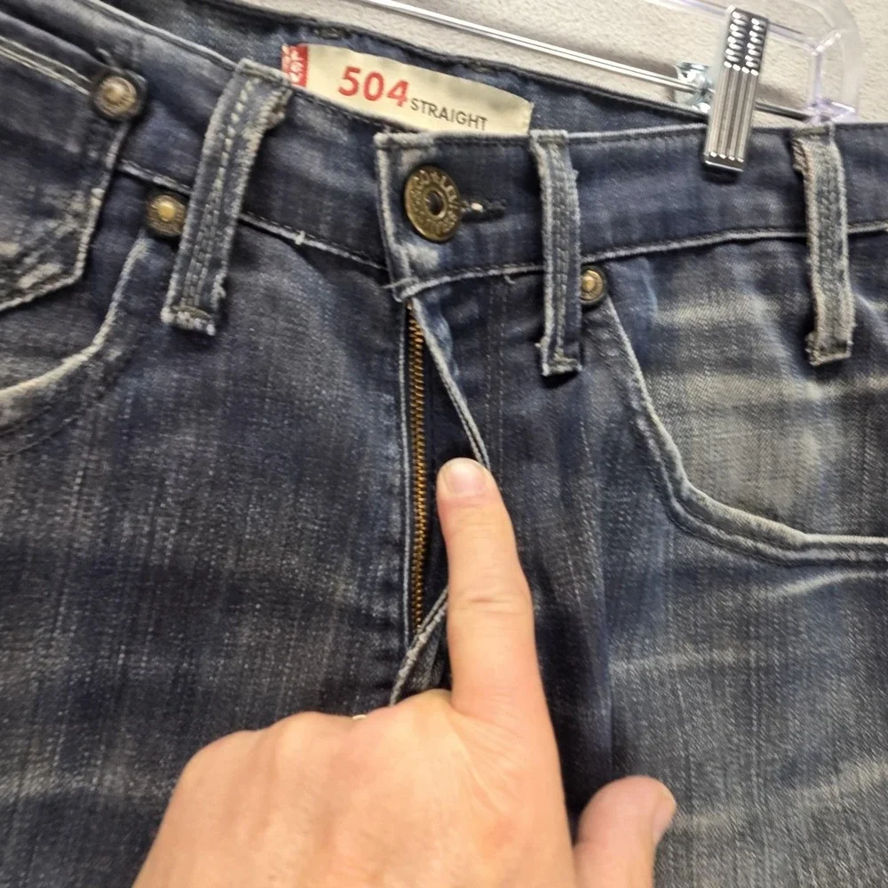 VTG Levis 504 Jeans Mens Blue Straight Engineered Honeycomb Whiskers Fits 31x26